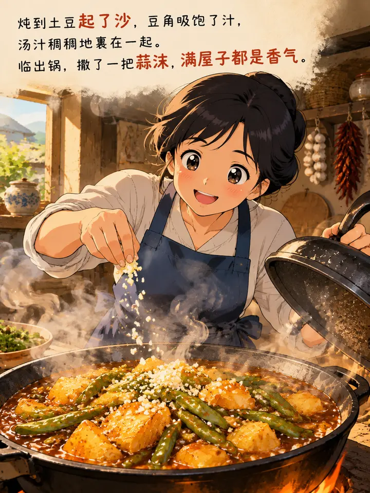 日系动漫风童年记忆图文故事：邻居灶台飘香的炖豆角土豆绘本插画 第 4 段