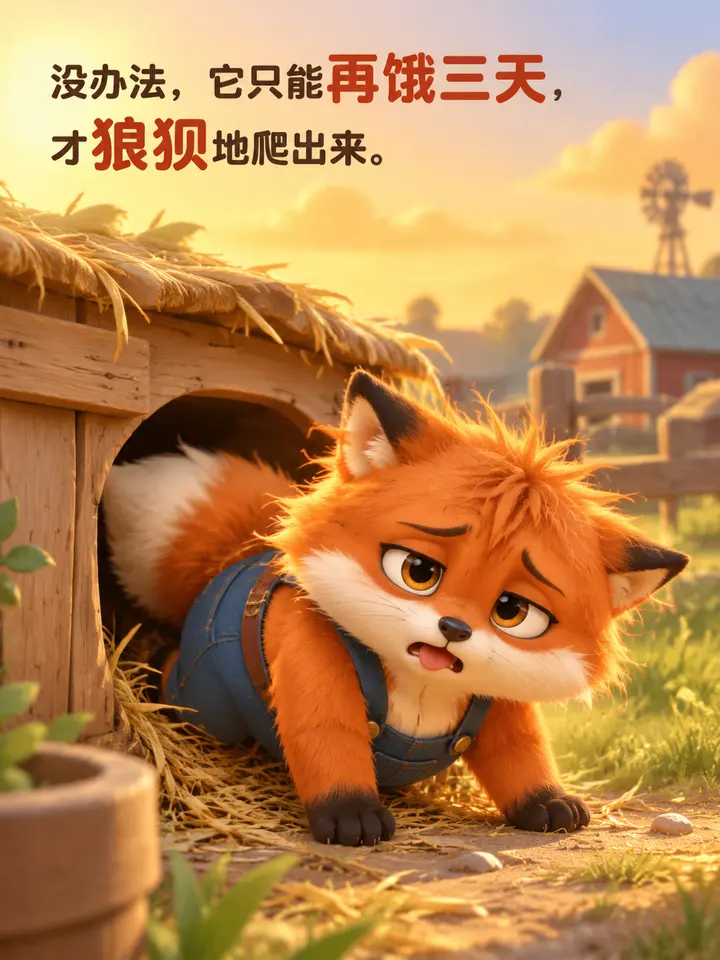 狐狸钻鸡窝的图文故事：3D卡通绘本插画馋嘴狐狸饿三天 第 4 段