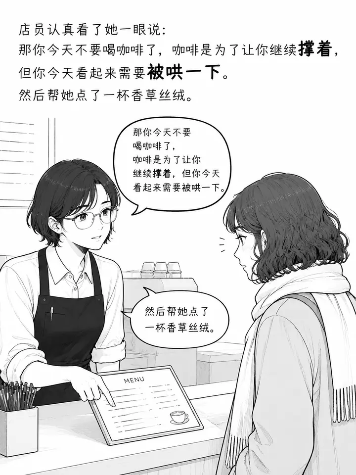 咖啡馆里的香草丝绒：一组温暖人心的黑白线条图文故事 第 4 段