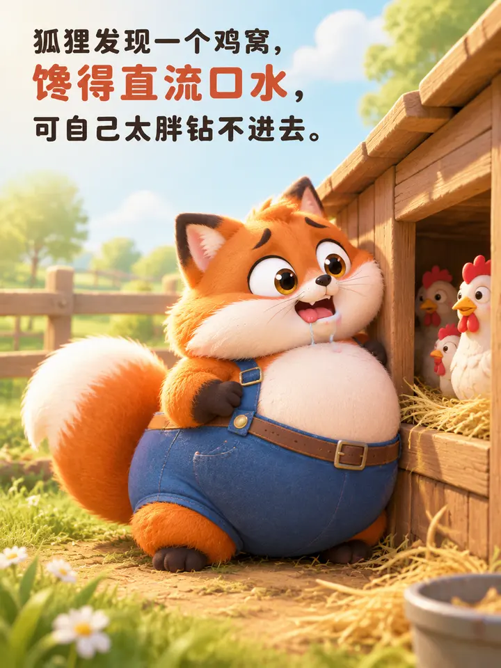 狐狸钻鸡窝的图文故事：3D卡通绘本插画馋嘴狐狸饿三天