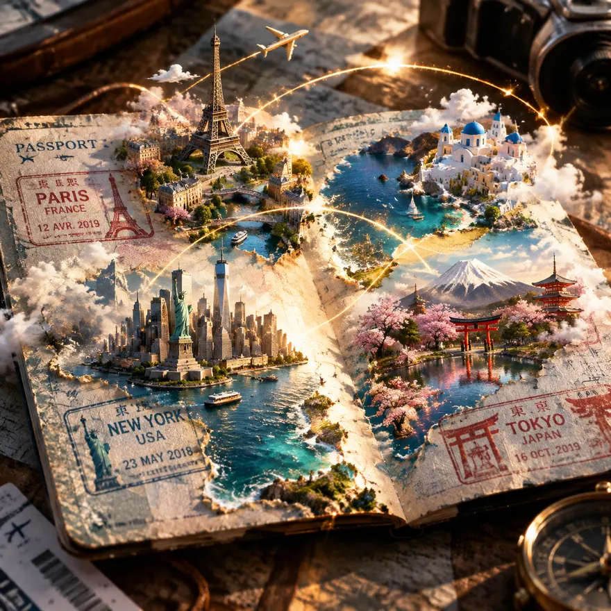 3D创意AI绘画提示词：旧护照变身冒险地图奇观