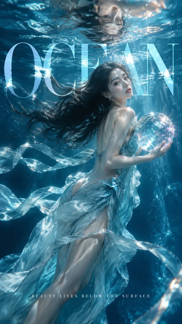 水下时尚海报 AI 绘画提示词，9:16 垂直构图生成技巧