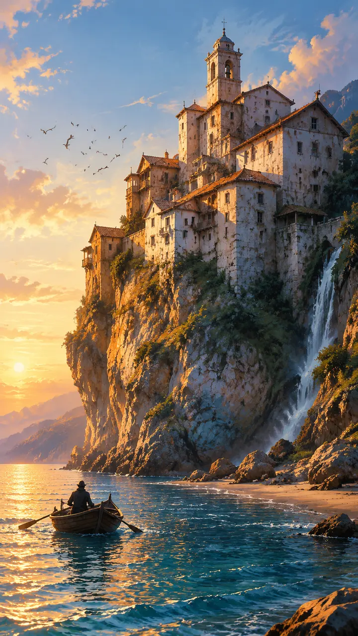 悬崖古堡黄昏海景 AI 绘画提示词：油画质感场景