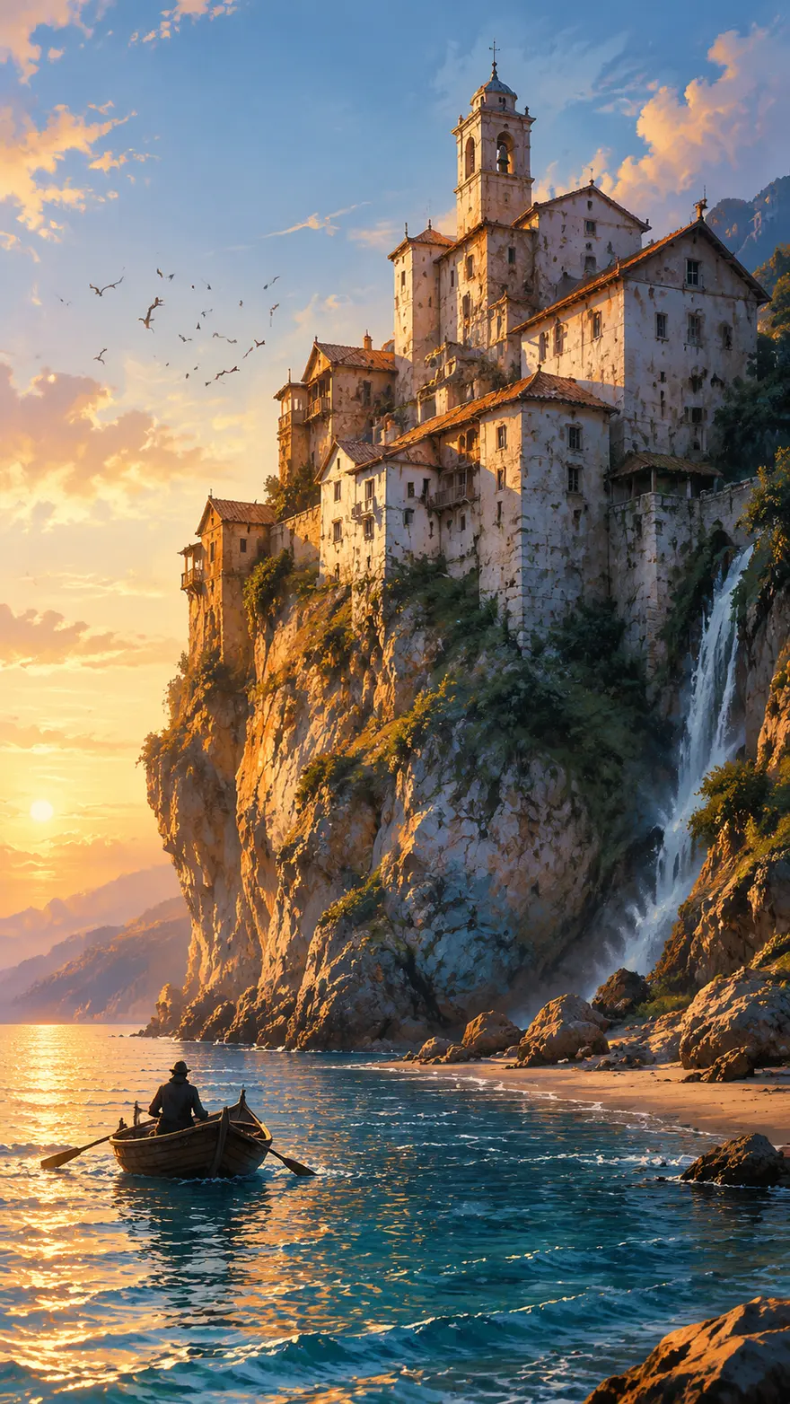 悬崖古堡黄昏海景 AI 绘画提示词：油画质感场景
