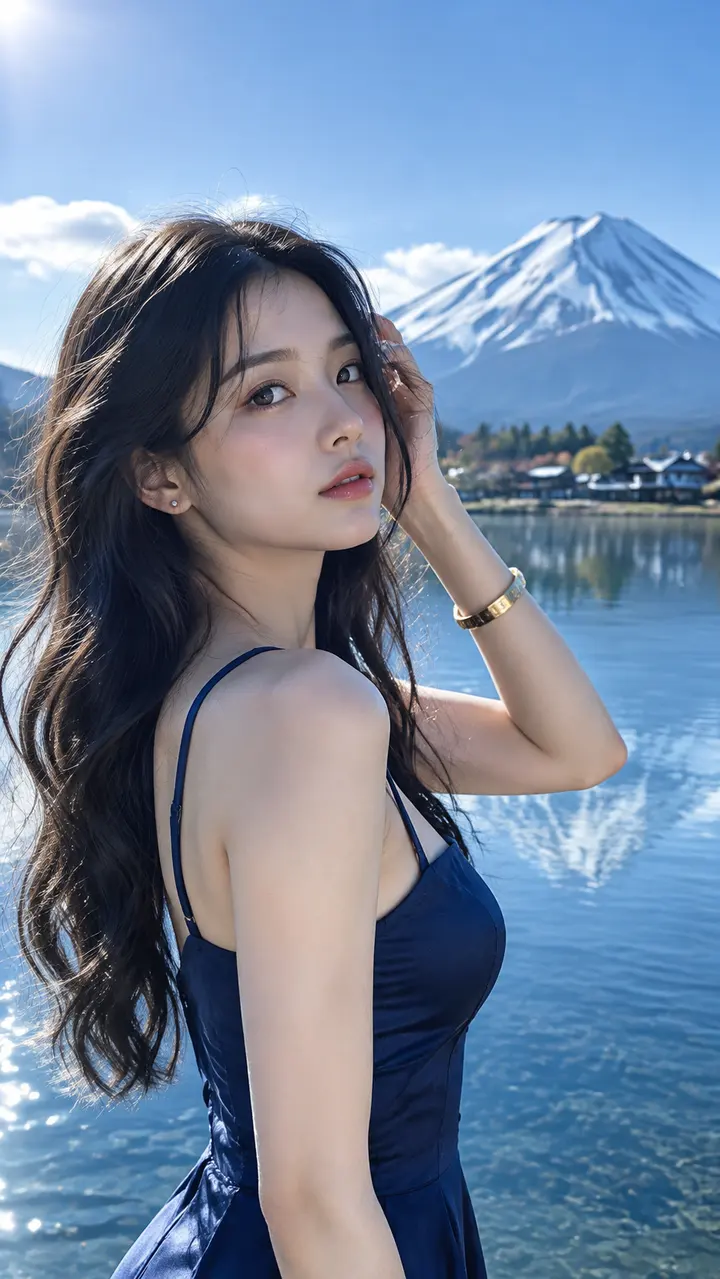 黑发女性湖畔富士山AI绘画提示词