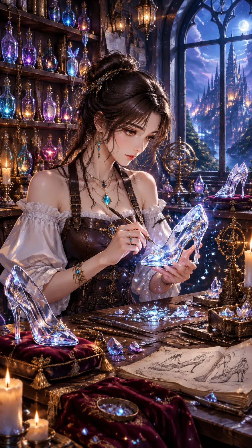 魔法鞋匠少女水晶鞋 AI 绘画提示词半写实奇幻插画