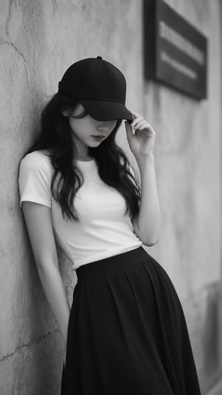 黑白街拍年轻女性人像 AI 绘画提示词