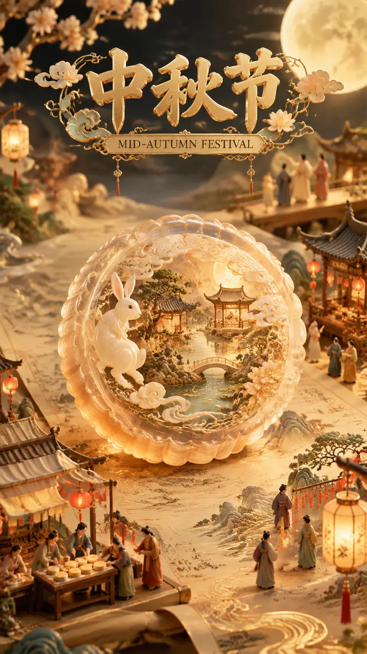 中秋节3D月饼园林海报AI提示词，烫金宣纸长卷