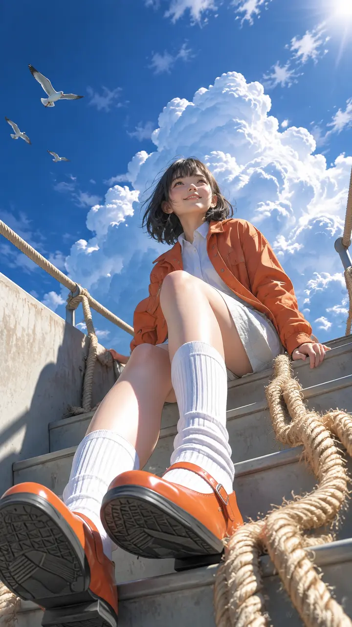 短发少女船舷蓝天 AI 绘画提示词，橙色外套低角度仰拍