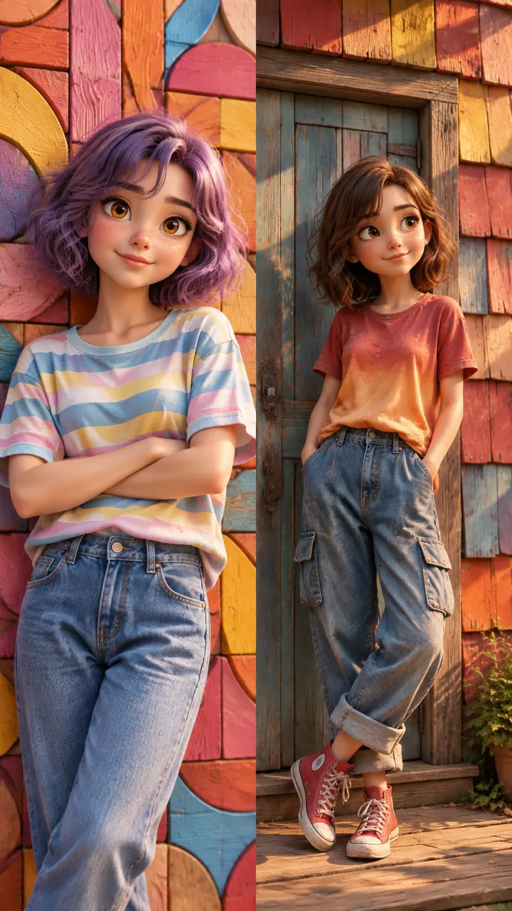 皮克斯风3D女孩角色AI提示词，木纹背景温暖治愈