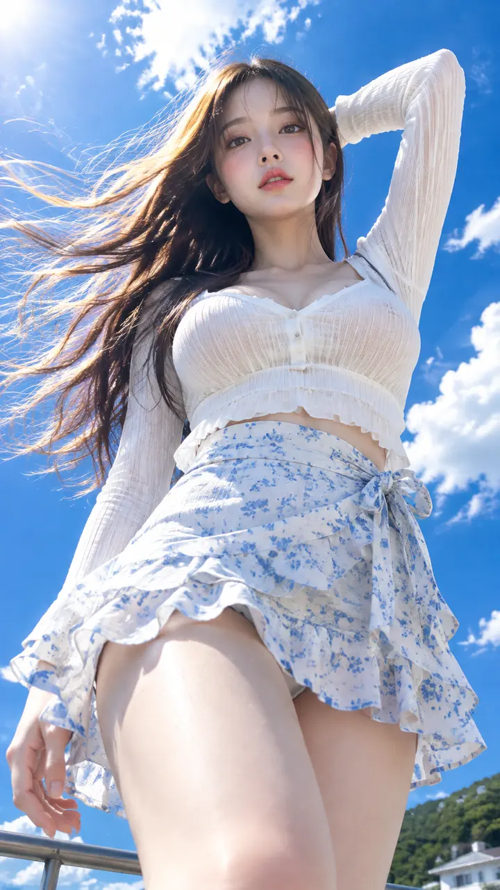 夏日天空仰拍白裙少女 AI 绘画提示词