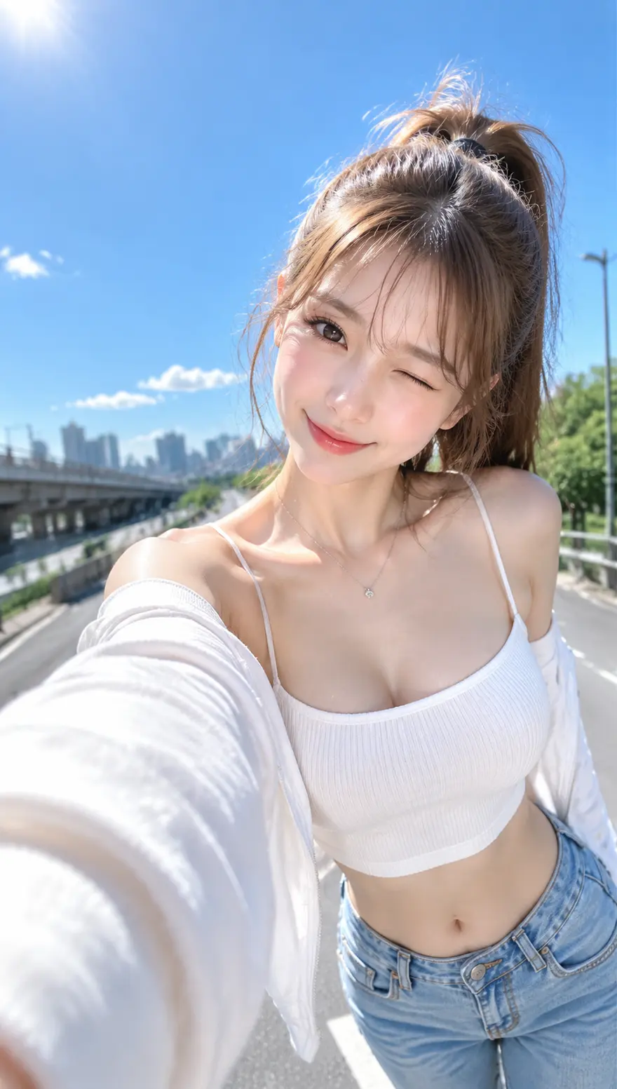 夏日街头手机自拍少女 AI 绘画提示词
