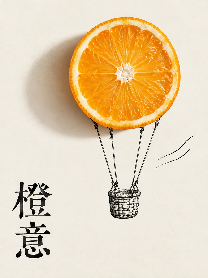 极简创意拼贴海报 AI 绘画提示词，橙子热气球手绘线稿