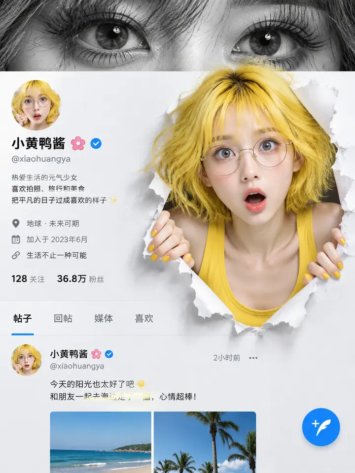 撕裂纸张破框人像拼贴社交主页AI提示词