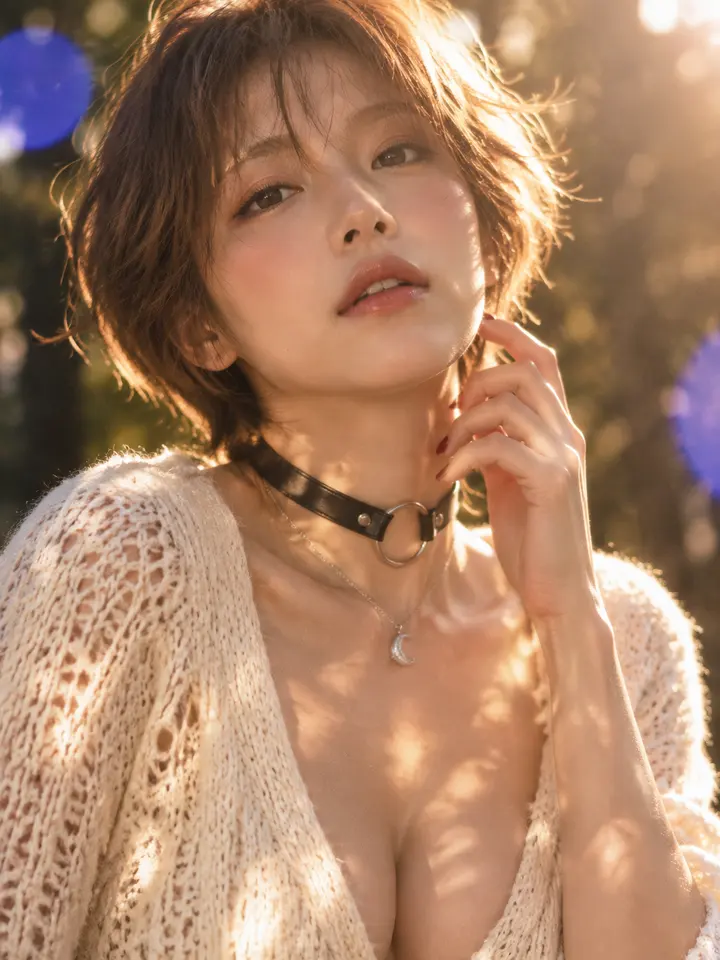 夏日逆光人像特写 AI 绘画提示词，短发少女的暖金轮廓光