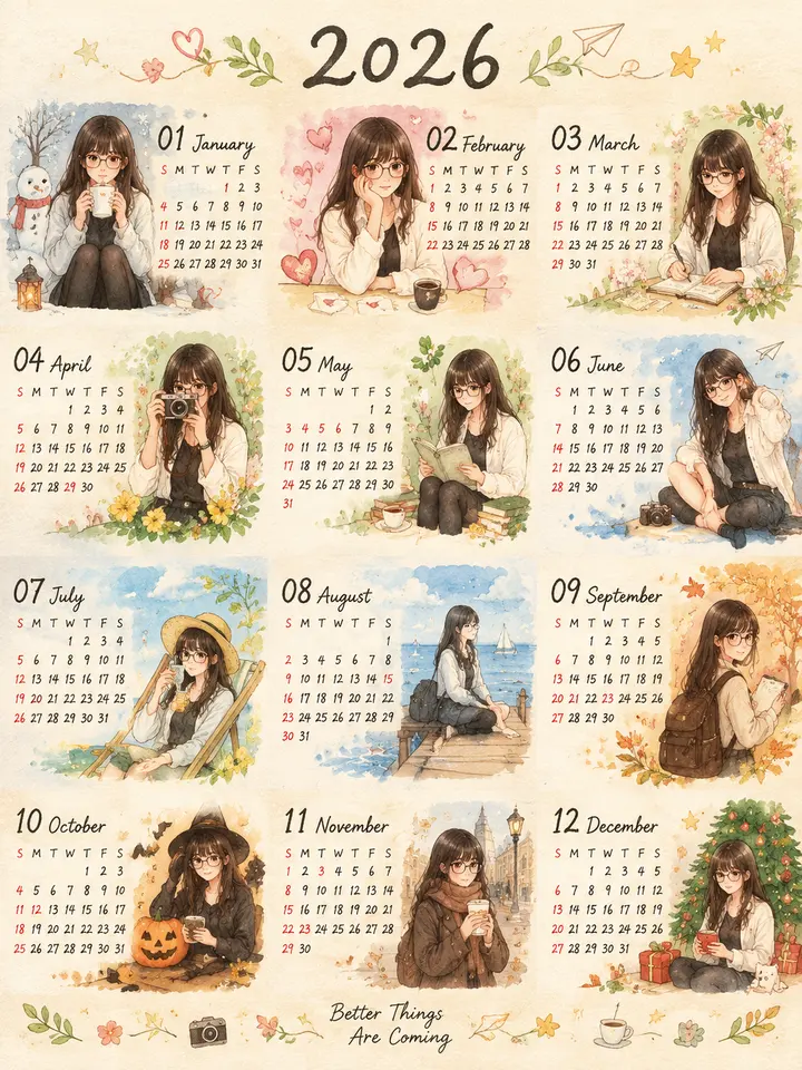 2026 全年日历水彩海报 AI 提示词，手账风人物插画