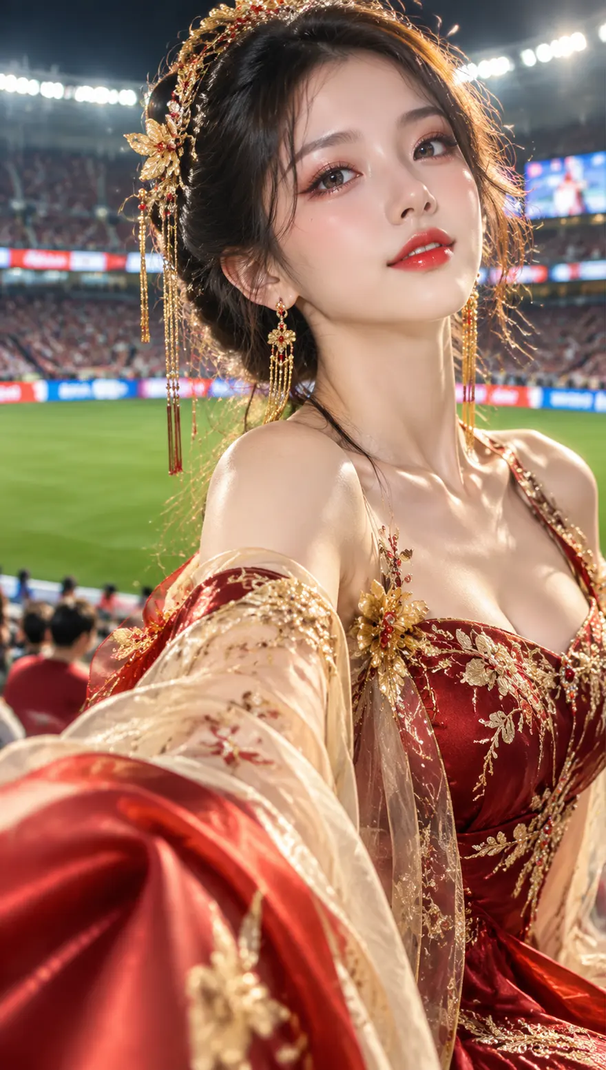 体育场国风红金礼服人像特写 AI 提示词