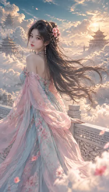 古风仙侠女子回眸云海宫殿插画提示词