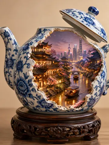 青花瓷茶壶破洞微缩世界AI提示词