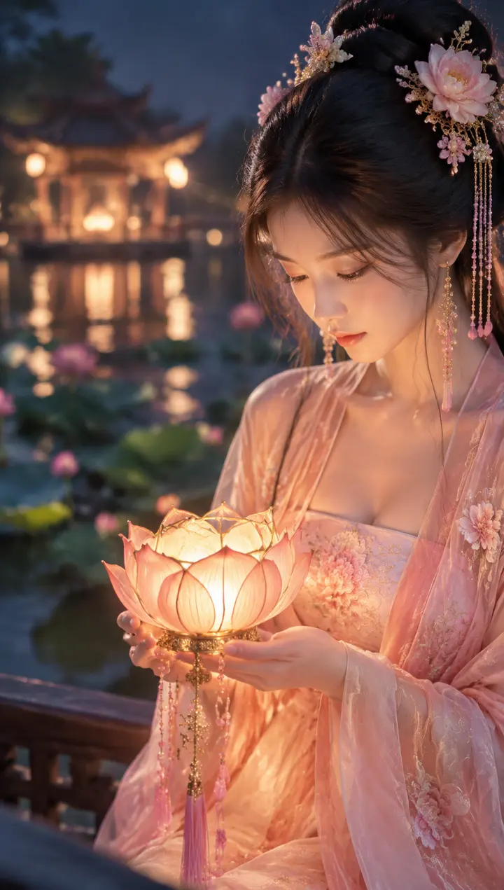 唯美古风女子提莲花灯笼人像AI提示词