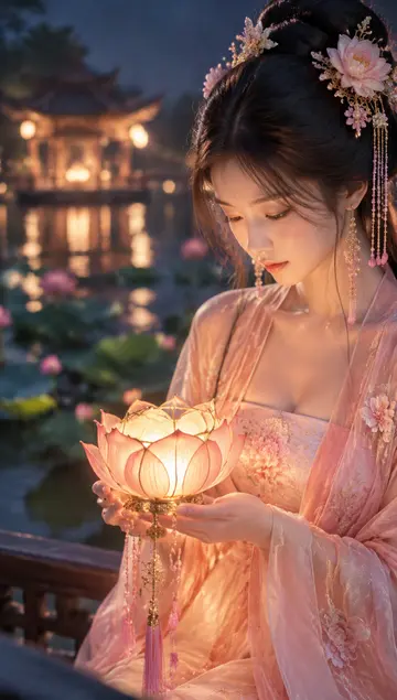 唯美古风女子提莲花灯笼人像AI提示词