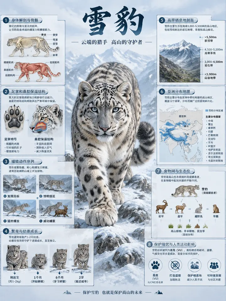 雪豹科普信息图海报AI提示词，八模块解剖分布全解析