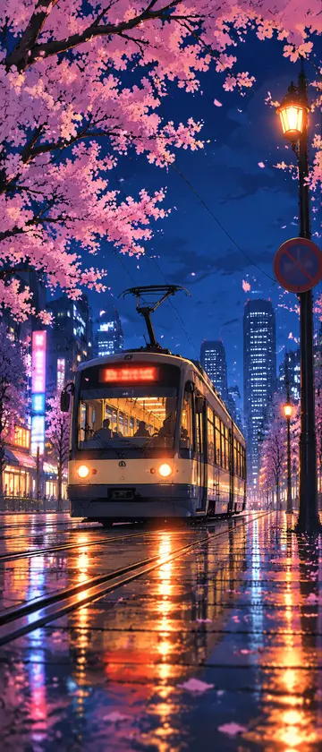 日系动漫夜樱电车街景 AI 绘画提示词