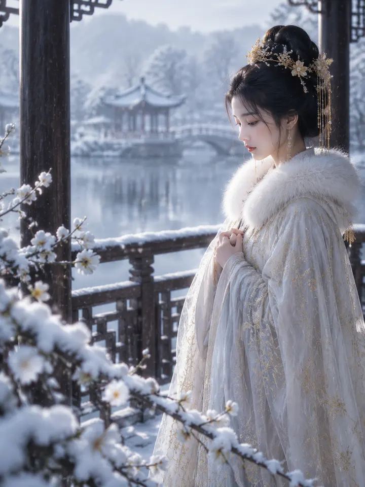 古风雪景人像摄影 AI 提示词：冷调柔光与金饰薄纱