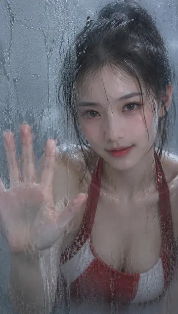 隔窗湿玻璃人像 AI 提示词，真实摄影质感女孩