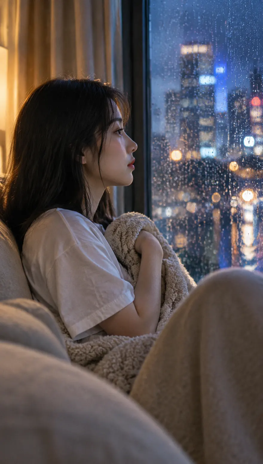 雨夜窗边电影感人像摄影AI提示词，打造安静私密氛围
