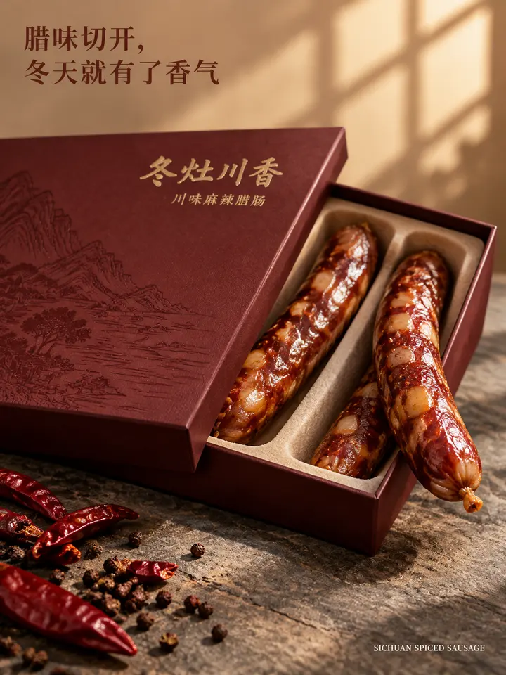 川味麻辣腊肠礼盒 AI 提示词，商业美食静物摄影