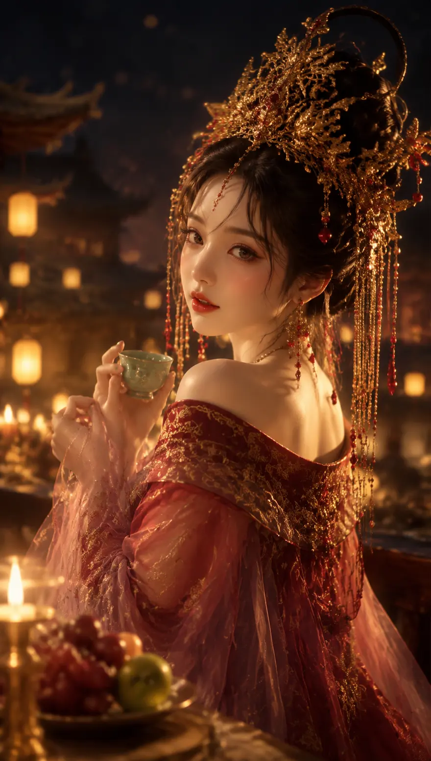 古风凤冠女子半身像 AI 绘画提示词，写实唯美 CG 质感