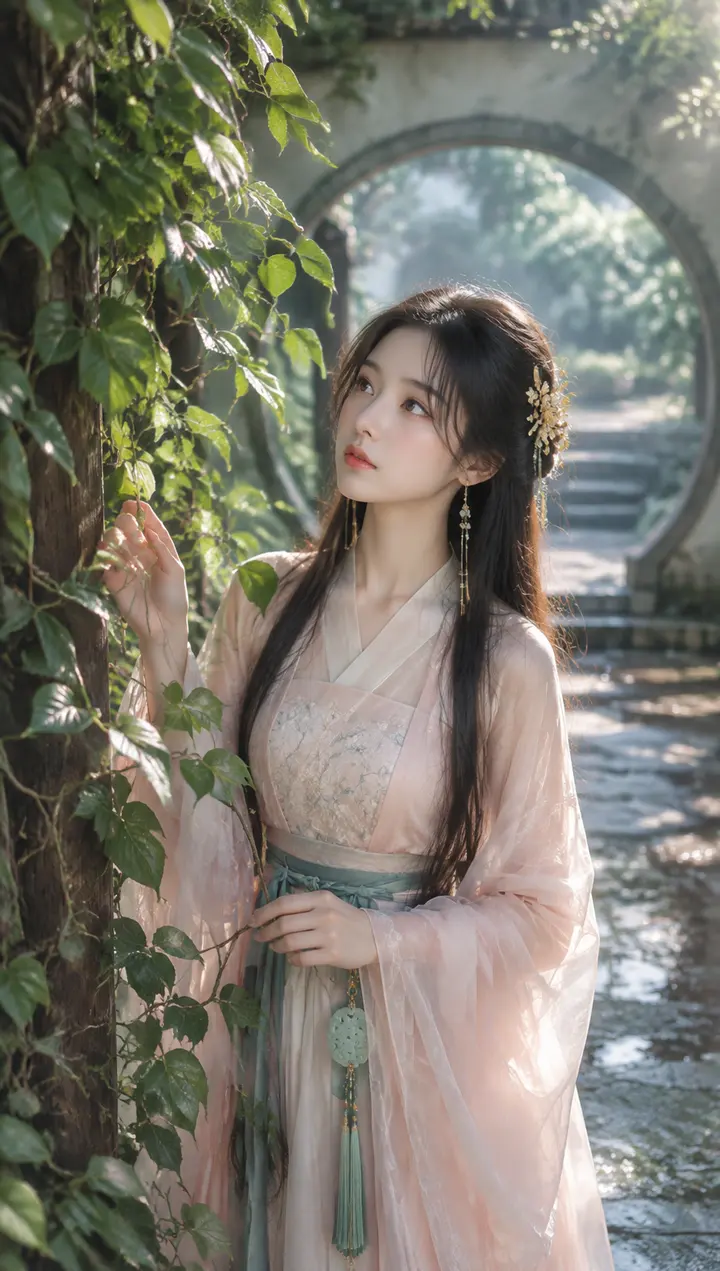 写实古风园林人像 AI 绘画提示词，藤蔓框景柔光