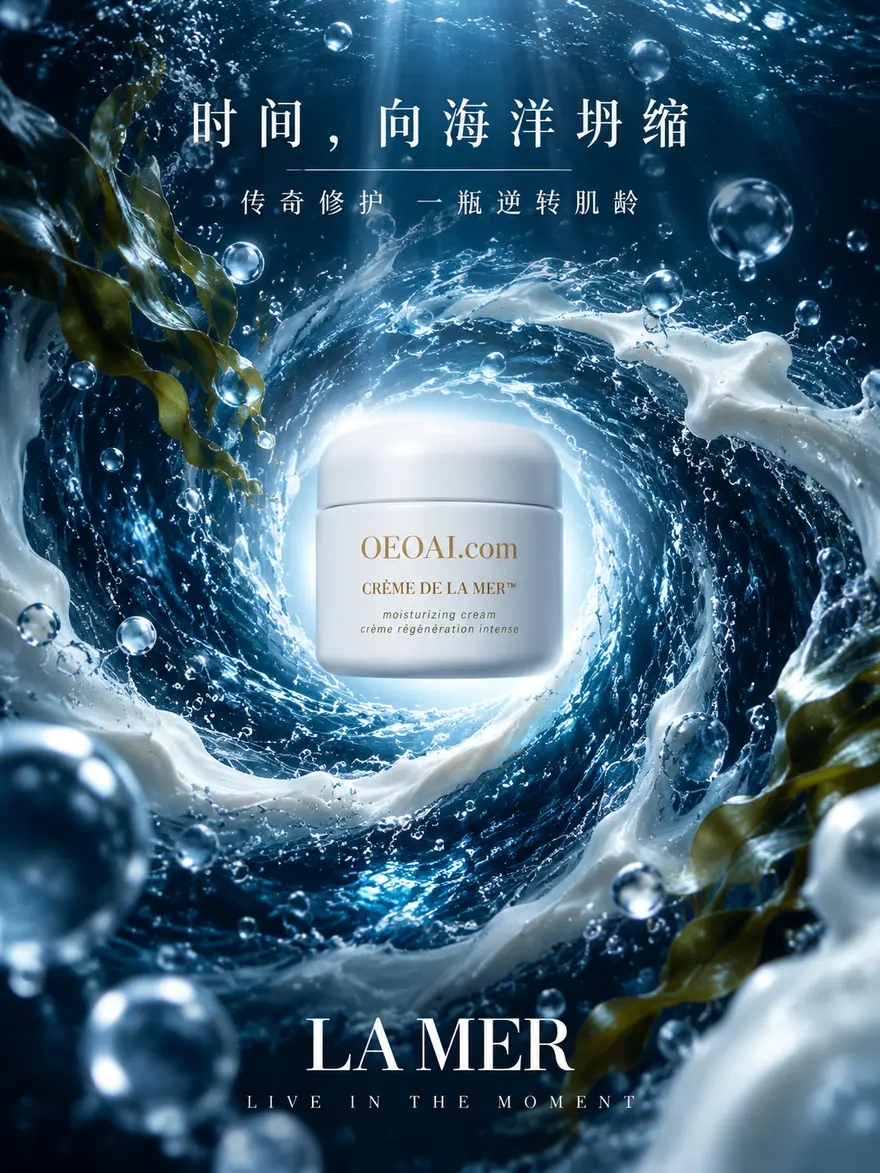 海洋漩涡面霜广告AI提示词，超现实商业产品摄影