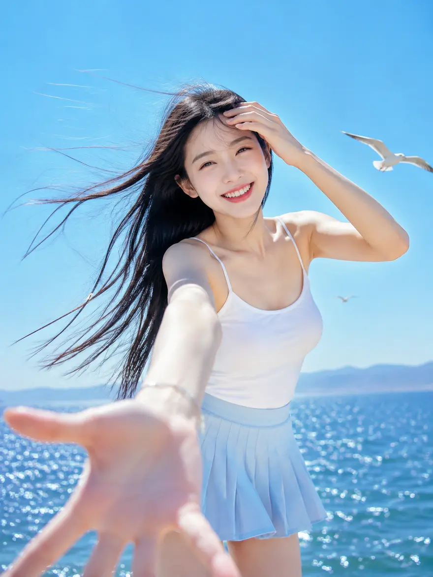 夏日海边高调清透风AI人像写真提示词