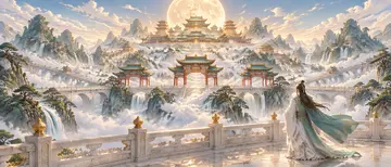 AI绘画国风仙侠仙山宫殿群全景提示词