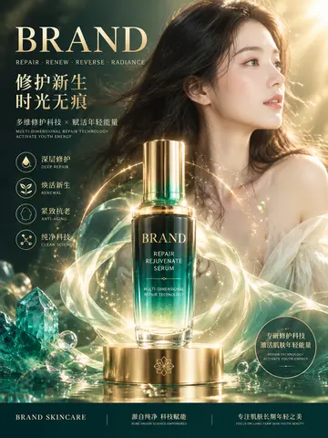 商业美妆精华液广告海报 AI 绘画提示词，暖金青绿高级质感