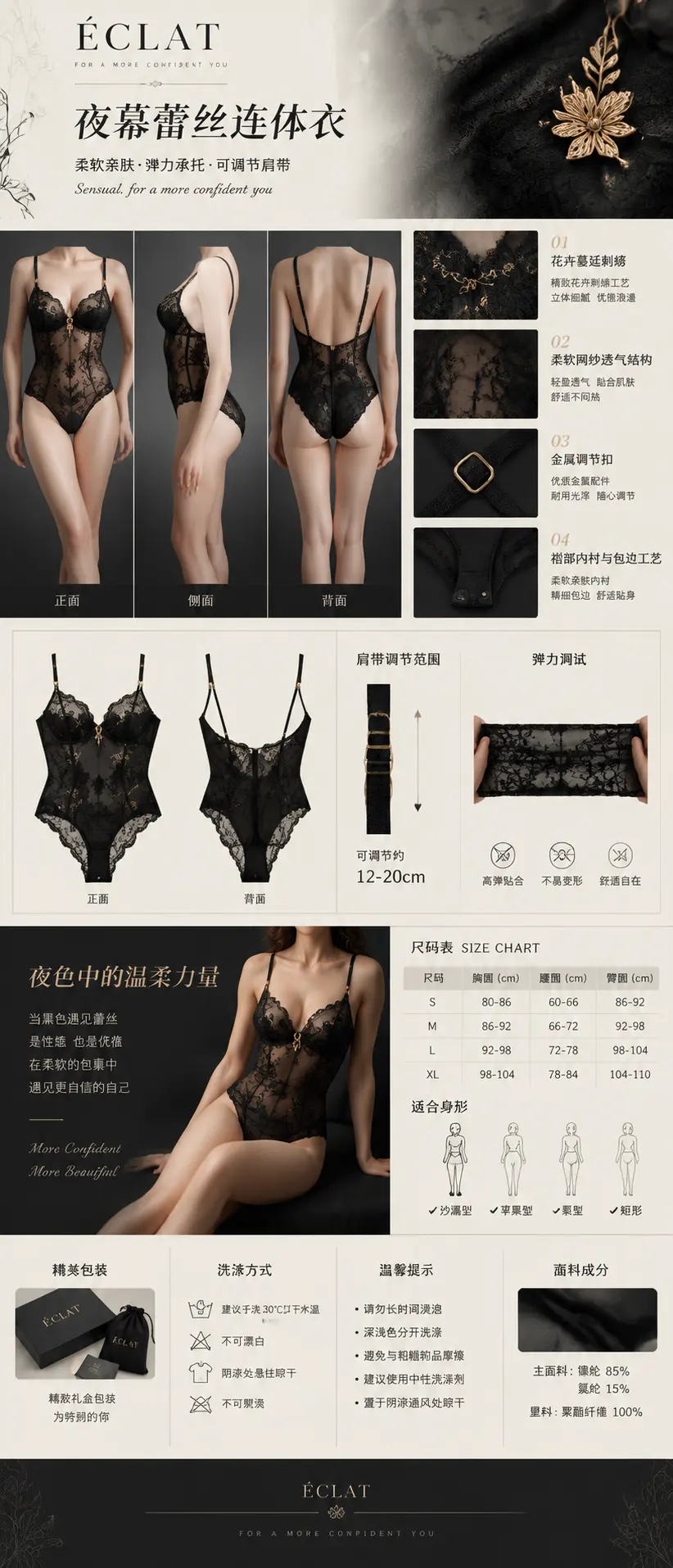 黑色蕾丝连体衣电商详情页AI提示词设计与排版