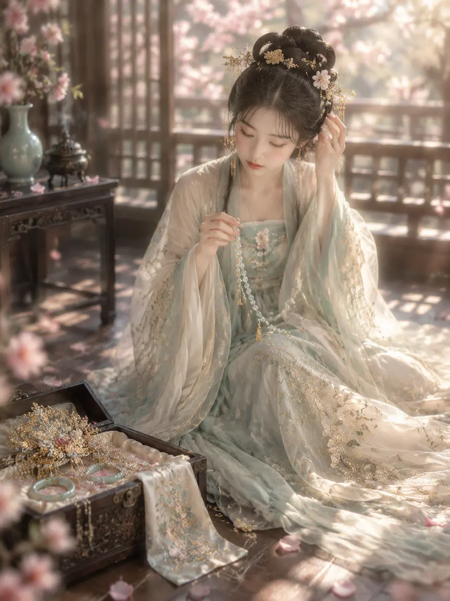 古风人像AI绘画提示词：浅青薄纱刺绣女子与金饰木匣