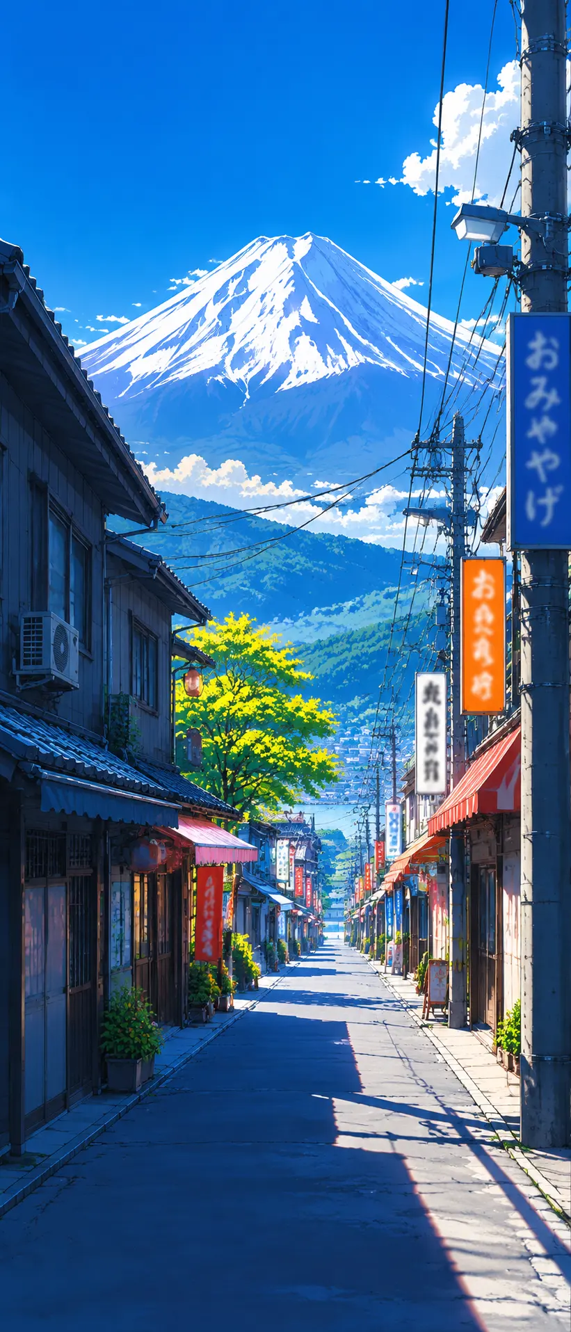 日系动漫商店街雪峰场景AI绘画提示词