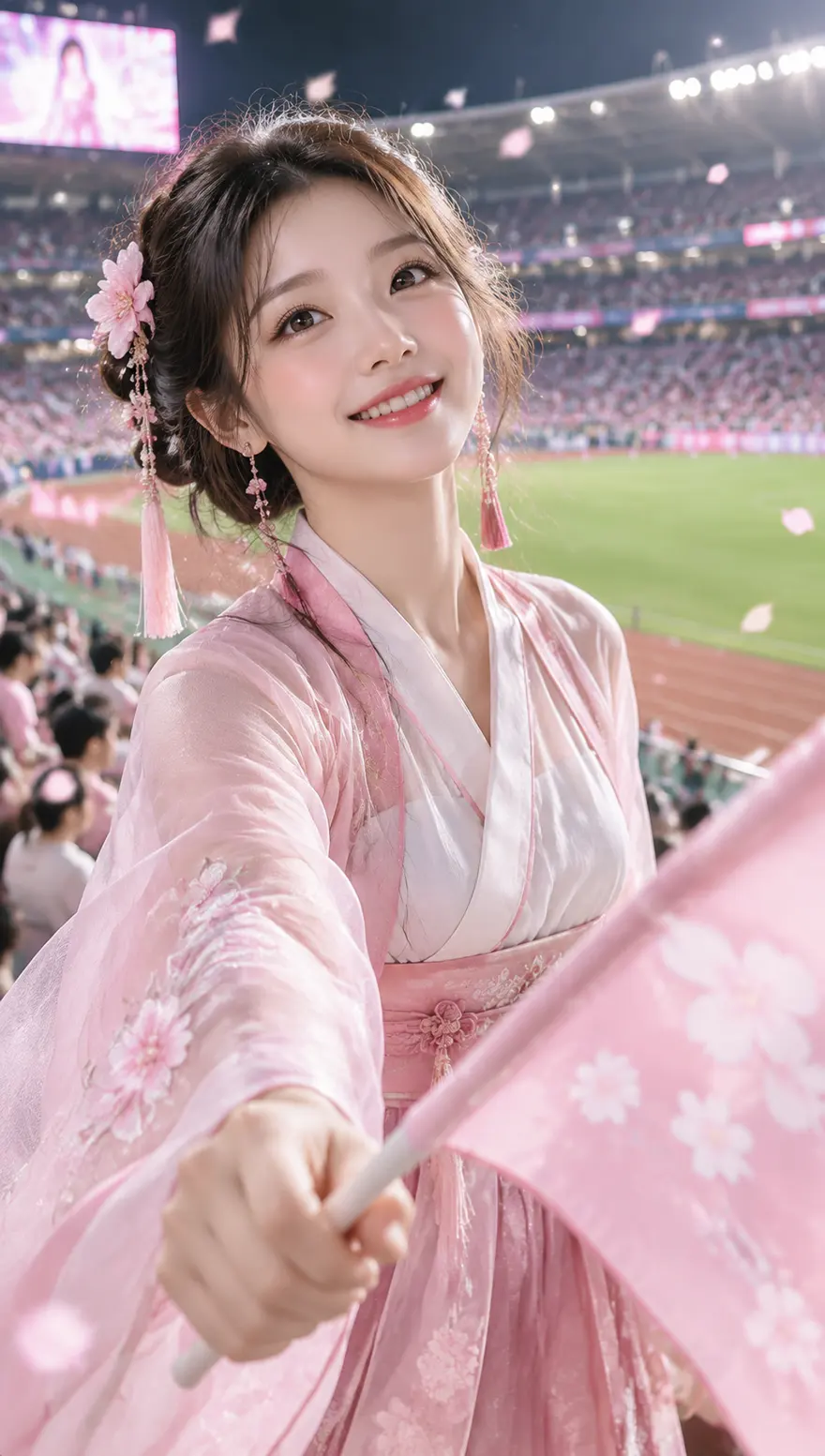 樱花汉服少女体育场写实摄影AI提示词