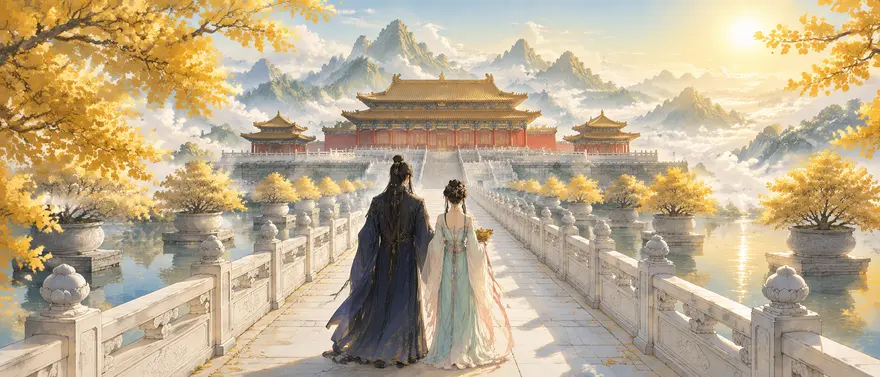 国风仙侠白玉长桥宫殿场景AI绘画提示词