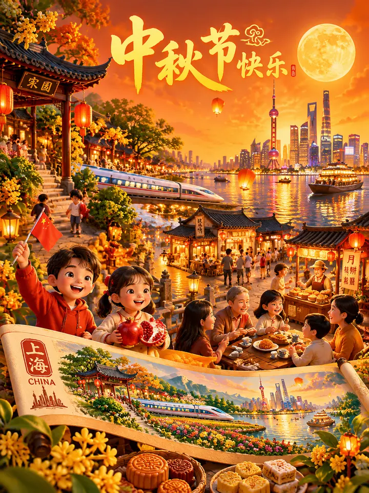 上海中秋卷轴式AI绘画提示词，绢本手卷里的团圆盛景
