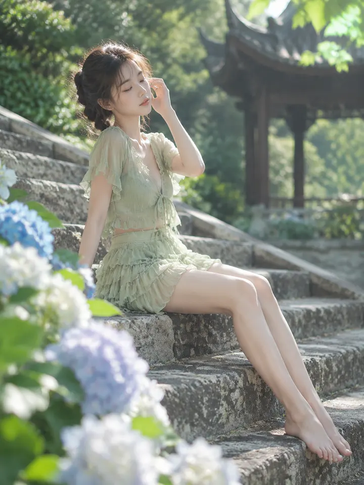夏日园林少女写真AI提示词清新自然光人像摄影