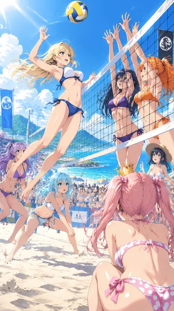 夏日沙滩排球少女日系动漫插画AI提示词