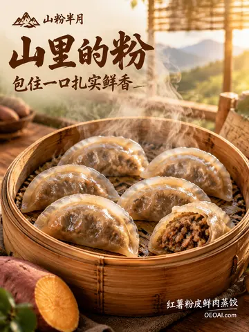 暖棕大地色调美食蒸饺广告海报 AI 提示词