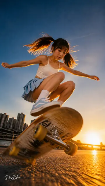 极限滑板少女腾空抓拍 AI 绘画提示词