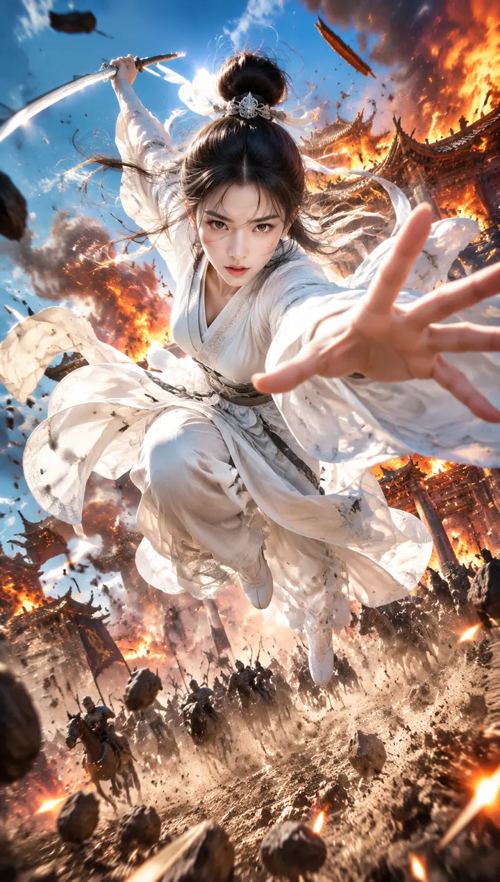 电影级动作主视觉白衣女侠AI绘画提示词