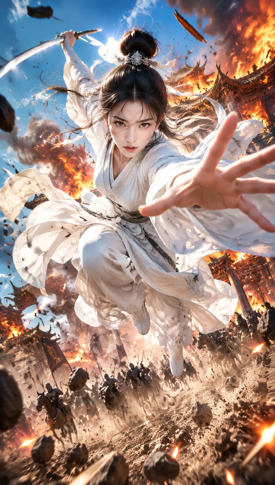 电影级动作主视觉白衣女侠AI绘画提示词