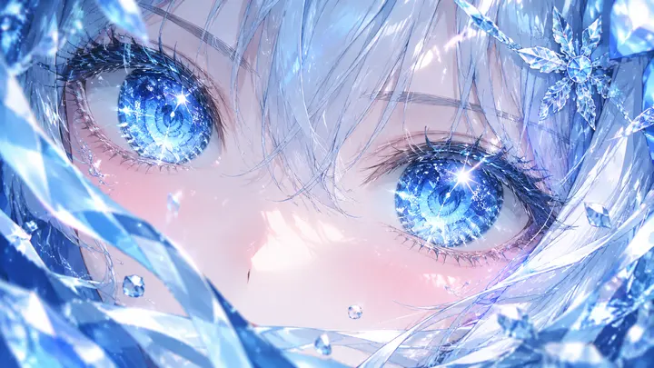 二次元冰晶蓝瞳少女特写 AI 绘画提示词